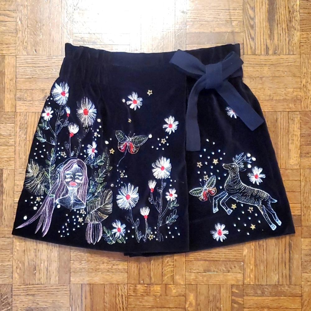 Zara Woman Embroidered Velvet Faux Wrap Shorts Skort